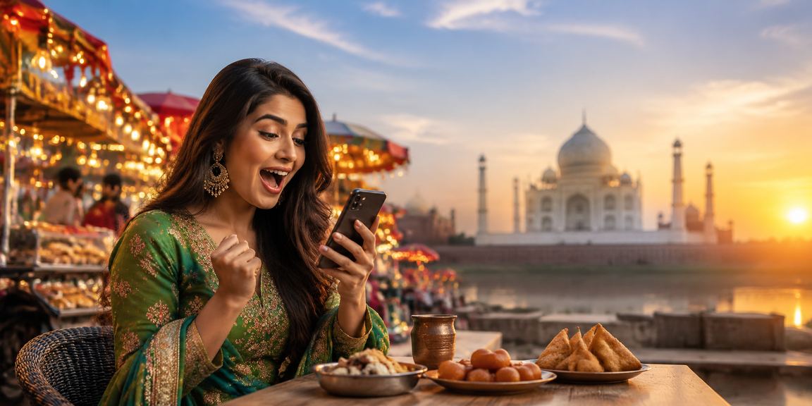 User betting on cricket using mobile phone outdoors